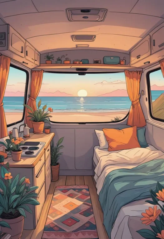 Inside A Cozy Campervan, Comfy Bed And Warm Blanket, Plants,...