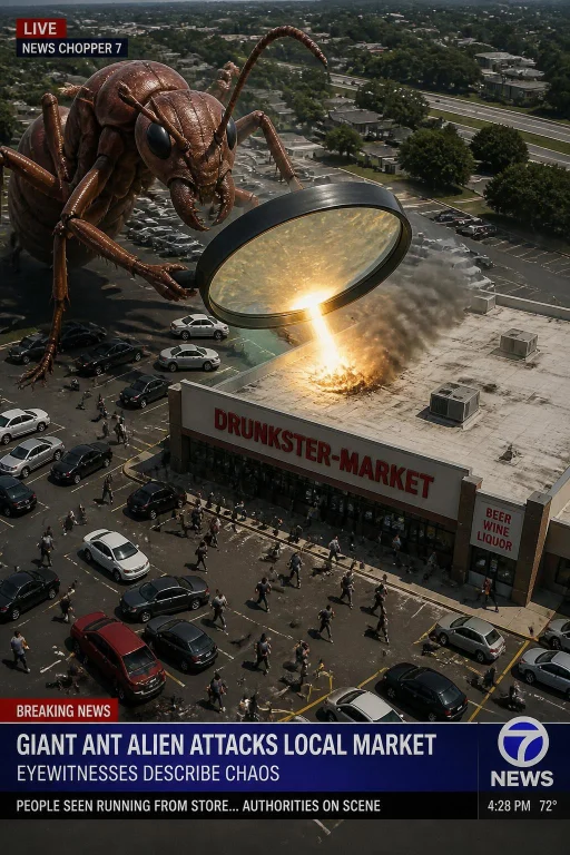 A Giant Ant Alien Is Holding A Giant Magnifying Glass Trying...