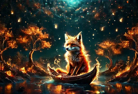 Aesthetic Night Flame Fox — SDXL AI Prompt: (flamestyle), fox, boat make of flamestyle, sea, neon lights, glowing, glowing...