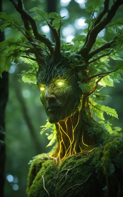 Macro Shot Of A Glowing Forest Spirit,leafy Appendages Outli...