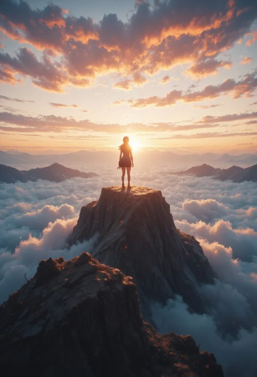 An Athletic Beautiful Woman Stands Atop Of A Mountain Rising...