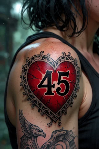 , A Heart 45 Tattoo On Left Shoulder, Exciting. Exhausting,... — Stable Diffusion AI Prompt: , a heart "45" tattoo on left shoulder, "Exciting. Exhausting," Jane replied, st...