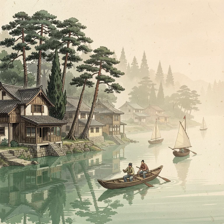 A Tranquil Ancient Chinese Riverside Village Stretches Along...