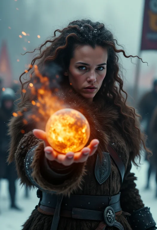 Intensely Focused Viking Woman Warrior With Curly Hair Hurli...