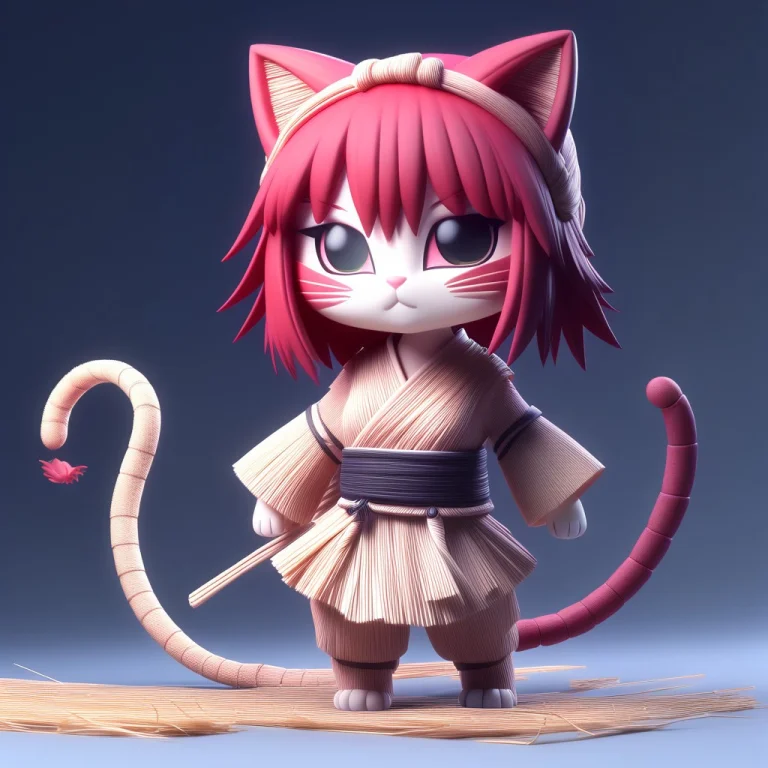 A 3d Chibi Anime Red Hair Cat Girl Wear Straw Ninja Dresses...