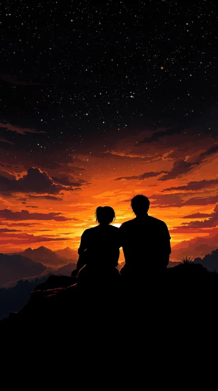 A Cinematic Digital Painting Of Two Silhouetted Figures, Pos...