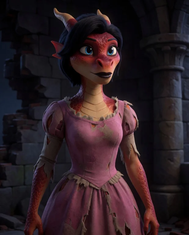 3d Pixar Cinematic Shot Of An Anthro Dragon Woman With A Dis...