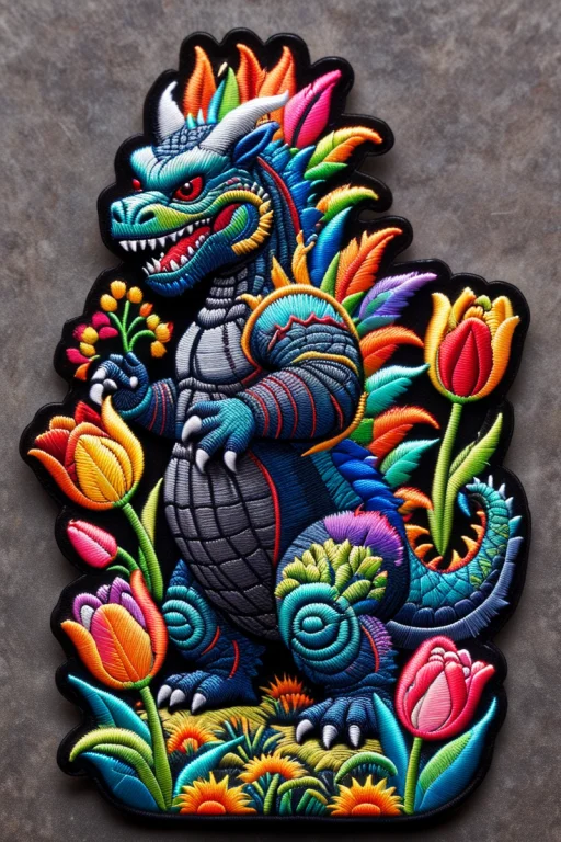 A Cute Godzilla With Colorful Tulip . Surreal Fantasy Scener...