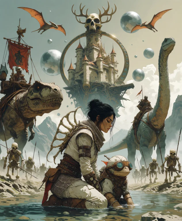 A Fantasy Epic Scene Featuring A Woman With Dark Hair Tied U...