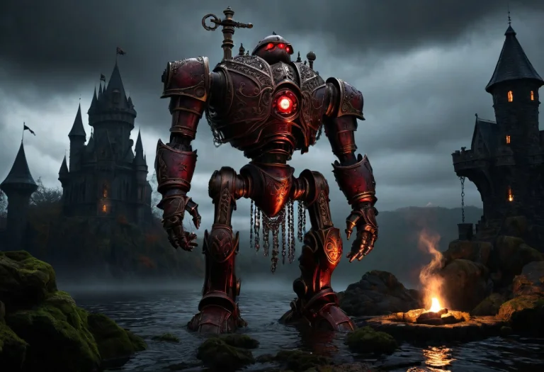 Giant Bipedal Robot Dirty Apple Red And Dark Amber, Bronze P...