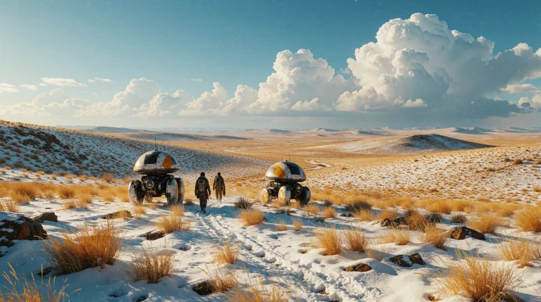 A Vast, Panoramic View Of A Desolate Alien Landscape, A Snow...