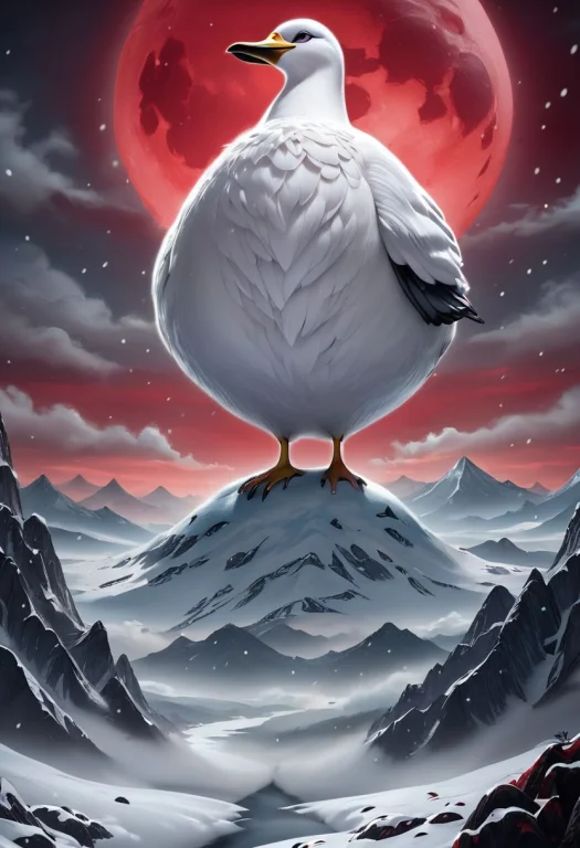 A Majestic White Goose On Top Of A Mountain, Snowstorm In An...