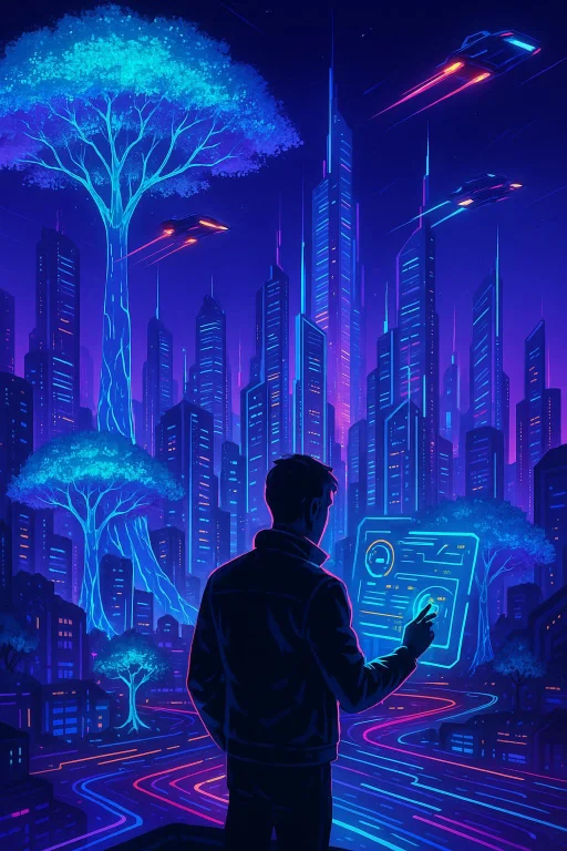Create A Futuristic Cityscape Where Nature And Technology Co...