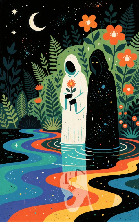 Two Silent Hooded Figures Standing Ankle-deep In A Surreal S...