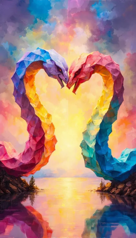 Origami World, Two Paper Snakes Forming A Heart On A Lake, A...