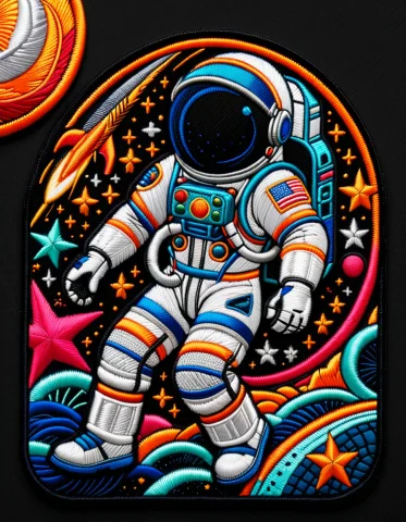 Elaborate Embroidered Patch Portraying An Astronaut Floating... — SDXL AI Prompt: Elaborate embroidered patch portraying an astronaut floating majestically throug...