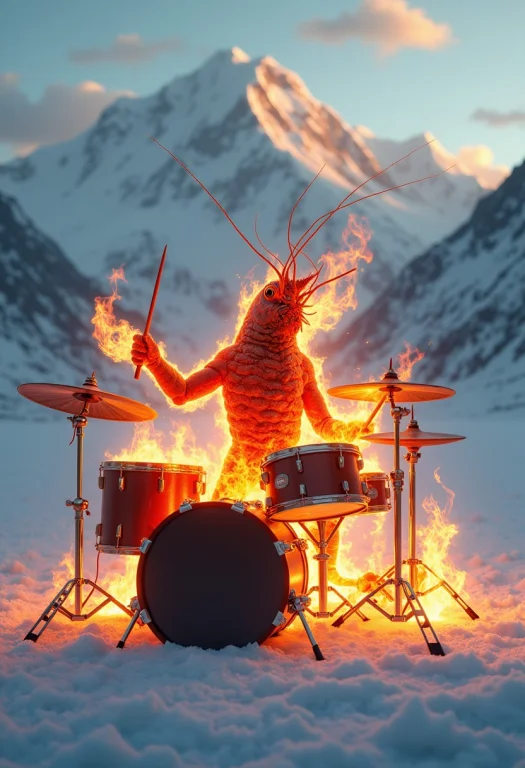 A Semi-realistic Shrimp Playing A Drum Solo On Mount Everest...