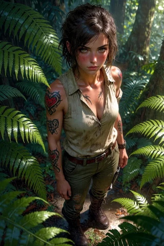 , A Heart Tattoo On Left Shoulder, Janekingston, A Rugged Wo... — Stable Diffusion AI Prompt: , a heart tattoo on left shoulder, Jane_Kingston, a rugged woman with short mess...