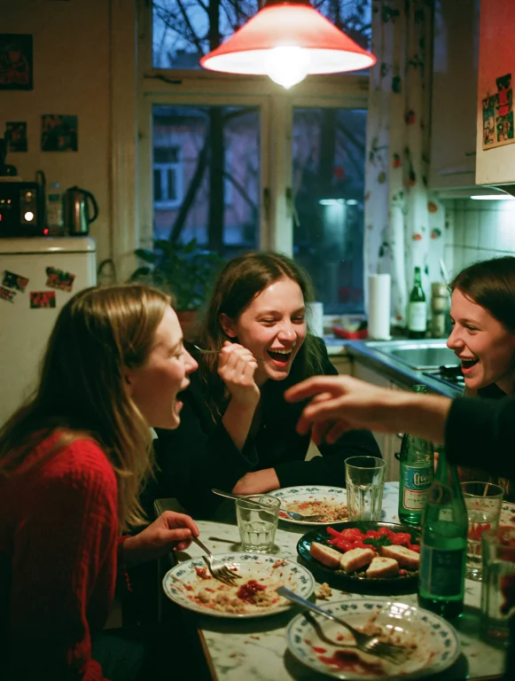 Grin35, Three Friends Crowded Around A Small Kitchen Table L...