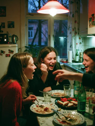 Grin35, Three Friends Crowded Around A Small Kitchen Table L... — Stable Diffusion AI Prompt: gr@in35, three friends crowded around a small kitchen table late at night, talki...