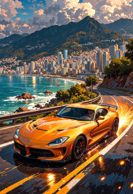 A Dazzling Gold Sports Car Speeds Along The Winding Roads Of...