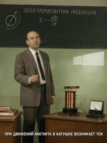Soviet Physics Lecture Still Frame — Stable Diffusion AI Prompt: The image is a vertical still frame from a Soviet educational film of the 1970s,...