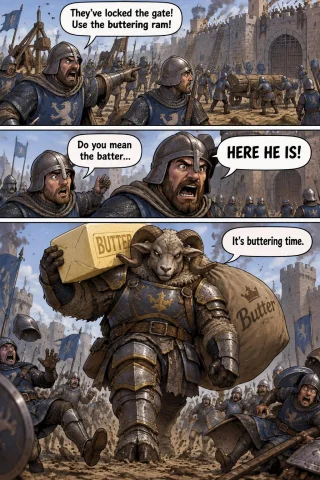Create A 3-panel Humorous Comic. On The First Panel There Ar... — Stable Diffusion AI Prompt: Create a 3-panel humorous comic. On the first panel there are two medieval soldi...