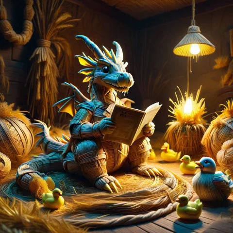 Dragon in Tuxedo Reading Newspaper — SDXL AI Prompt: a dragon in a tuxedo sitting on a toilet reading a newspaper, rubber ducks at it...