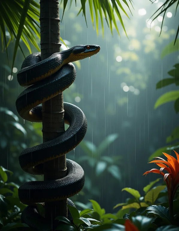 A Detailed Shot Of A Massive Boa Constrictor Coiled Around A...