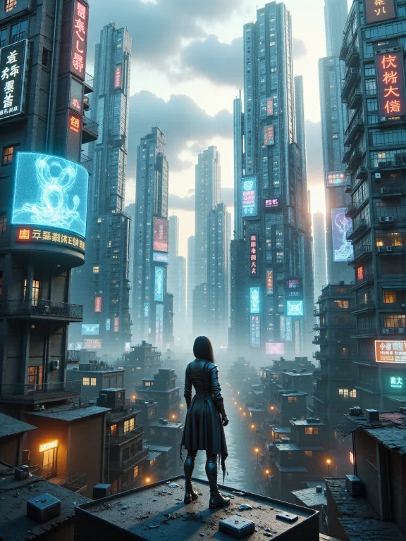 Mad-cbrpnk-dtlr, Cityscape, Holographic Ads, Slum, Cyberpunk...