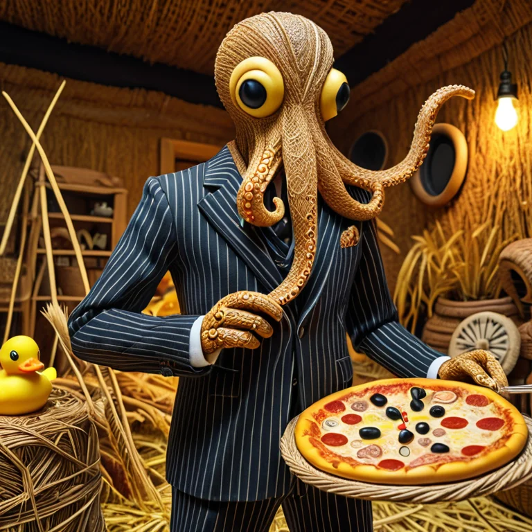 An Octopus In A Pinstripe Suit Holding A Pizza, A Newspaper,...