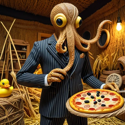 Woven Octopus in Straw Suit — SDXL AI Prompt: an octopus in a pinstripe suit holding a pizza, a newspaper, a rifle and a rubbe...
