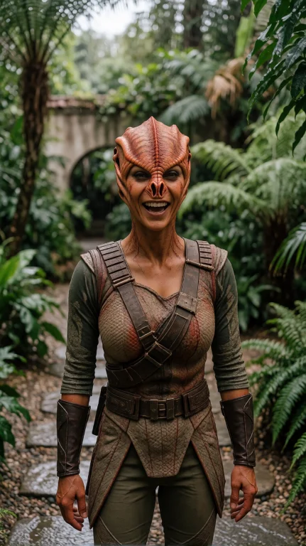 Tmrnfml Alien Woman, Chest-up, Eye-level, Standing, Smiling...