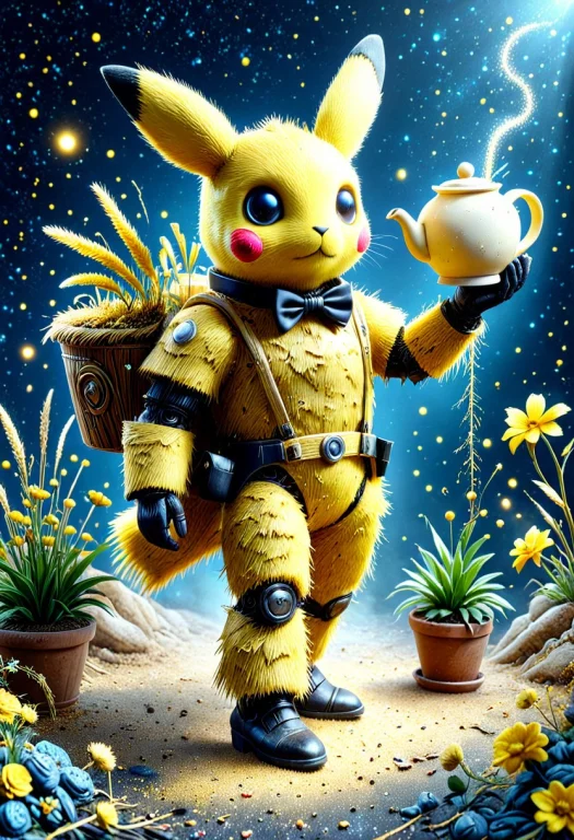 Pika Made Of Straw, Holster, On Back, Machine, Holding Teapo...