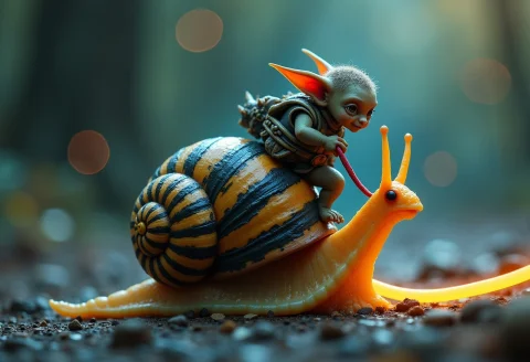 A Tiny Goblin Jockey Riding On The Back Of A Giant Snail, Ne... — FLUX AI Prompt: a tiny goblin jockey riding on the back of a giant snail, neon reins,the snail's...