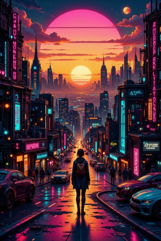 A Cyberpunk Neighborhood Beautiful Landscape, Golden Hour, W...
