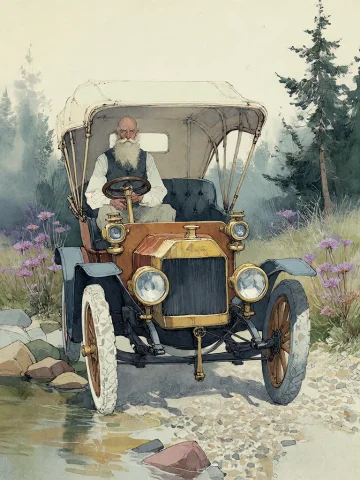 Vintage Car Elderly Man — Stable Diffusion AI Prompt: Bradhamel art style. A detailed illustration of an elderly man with a long white...