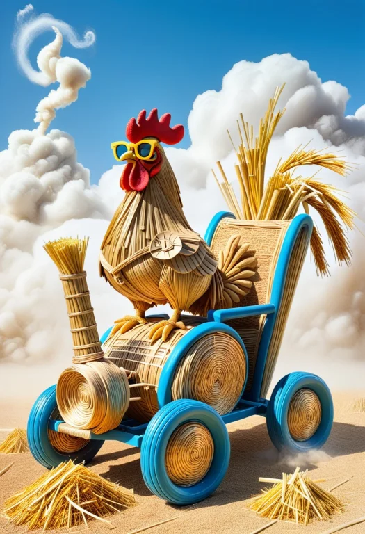 Whimsical Surrealist Scene Featuring A Comical Rooster Craft...