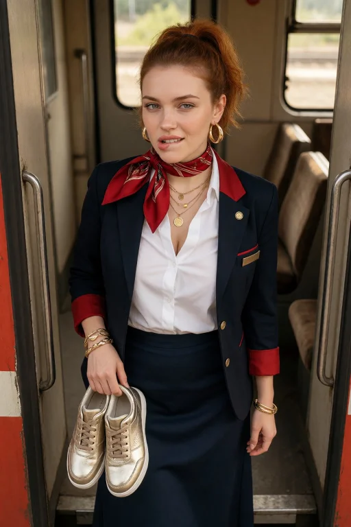 Young Woman, Train Conductor Uniform In Dark Blue And Red, R...
