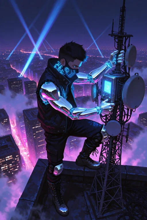 Df5tyle, Cyber-rebel Standing On A Rooftop At Night, Plantin...