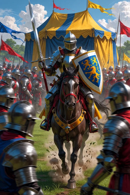 , Knight Riding A Horse Through A Jousting Tournament Field...
