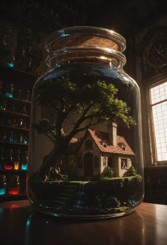 Masterpiece, Cinematic, Realistic, Dynamic Low Angle, Closeu... — Stable Diffusion AI Prompt: masterpiece, cinematic, realistic, dynamic low angle, closeup of display jar, on...