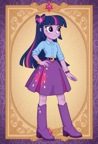 Twilight Sparkle Styled Prompt — Stable Diffusion AI Prompt: twilight sparkle Blue shirt, hair accessory, Belt, purple skirt High-heeled boot...