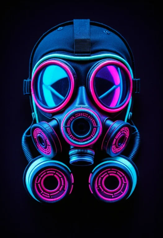 8k, Raw Digital Photo, An Old Industrial Gas Mask Glowing Wi...