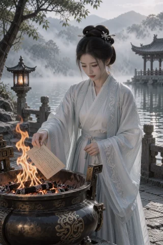 雾气笼罩的水岸祭坛旁，一名年轻中国女子穿白色长袍站在大型青铜... — Stable Diffusion AI Prompt: 雾气笼罩的水岸祭坛旁，一名年轻中国女子穿白色长袍站在大型青铜炉前，右手将一张纸投...