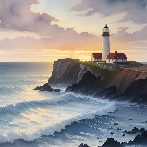 A Lone Lighthouse On A Storm-battered Cliff, Watercolor Pain...