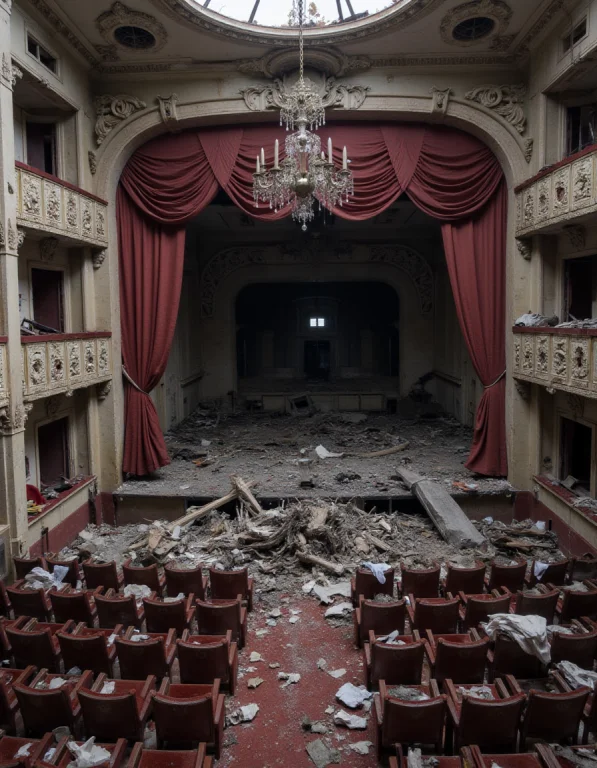 An Abandoned Opera House, Its Grand Chandelier Lying Shatter...