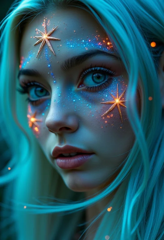 Create A Close-up Image Of A Fantasy Elfs Face. Her Skin Glo...