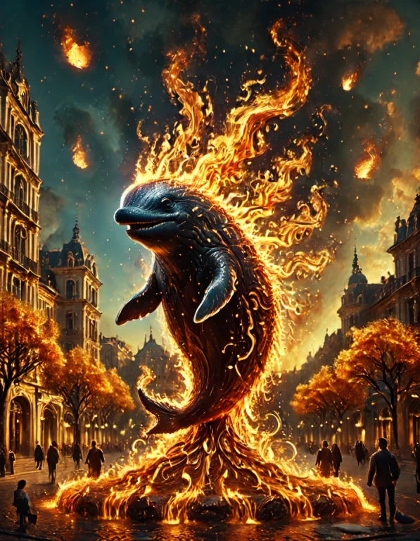 A Whale In A Fountain In A City Square Flamestyle, All Made...