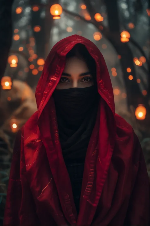 A Mysterious Masked Woman In A Crimson Hood Surrounded By Fl...